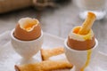 delicious breakfast with boiled eggs and crispy toasts, horizontal, closeup Royalty Free Stock Photo