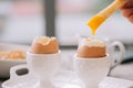 delicious breakfast with boiled eggs and crispy toasts, horizontal, closeup Royalty Free Stock Photo