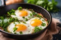 Delicious breakfast concept top view of a sizzling pan with one perfectly fried egg and crispy bacon