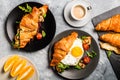 Croissant sandwiches with Fried Egg, Salad Leaves, Grilled Mushr