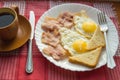 Delicious Breakfast - a Cup of coffee, a plate of fried eggs, bacon and toast, next to the Cutlery on red checkered napkin