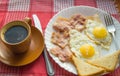 Delicious Breakfast - a Cup of coffee, a plate of fried eggs, bacon and toast, next to the Cutlery on red checkered napkin Royalty Free Stock Photo