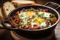 Delicious breakfast delight top view of a perfectly fried egg and crispy bacon sizzling in a pan