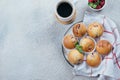 Delicious breakfast food concept. Coffee, raspberry muffins on concrete table. Top view, flat lay Royalty Free Stock Photo