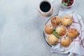 Delicious breakfast food concept. Coffee, raspberry muffins on light concrete background. Top view Royalty Free Stock Photo