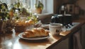 Delicious breakfast with fresh croissant and cup of hot drink in kitchen Royalty Free Stock Photo