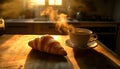 Delicious breakfast with fresh croissant and cup of hot drink in kitchen Royalty Free Stock Photo
