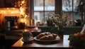 Delicious breakfast with fresh croissant and cup of hot drink in kitchen Royalty Free Stock Photo