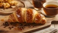 Delicious breakfast with fresh croissant and cup of hot drink in kitchen Royalty Free Stock Photo