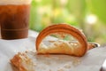 Delicious breakfast with fresh croissants and coffee served with butter Royalty Free Stock Photo