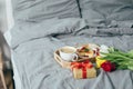 Delicious breakfast for holiday morning in bed. Mother`s day, birthday, 8 march, valentines day concept Royalty Free Stock Photo