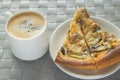 Delicious Breakfast, lunch - Cup of coffee and a pizza with mushrooms Royalty Free Stock Photo