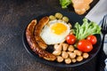 Delicious breakfast or lunch with fried eggs, ausages, beans, croissant and coffee