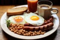 A delicious breakfast meal featuring a white plate filled with perfectly cooked eggs, sausages, and beans, A traditional English