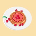 Delicious breakfast pancakes with cherry jam on plate, vector illustration