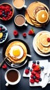 A delicious breakfast with pancakes, fruits, and coffeeIllustration Artificial Intelligence artwork generated Royalty Free Stock Photo