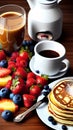 A delicious breakfast with pancakes, fruits, and coffeeIllustration Artificial Intelligence artwork generated Royalty Free Stock Photo