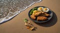 Delicious Beach Breakfast: Poached Eggs, Toast, and Scrambled Eggs on the Sand Royalty Free Stock Photo