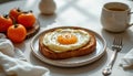 Delicious breakfast scene featuring fried egg toast, accompanied by fresh tomatoes and cup of coffee, evokes warm and inviting Royalty Free Stock Photo