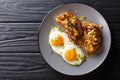 Delicious breakfast of shiitake toasts and fried eggs close-up. horizontal top view Royalty Free Stock Photo