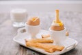 delicious breakfast with soft boiled eggs and crispy toasts, closeup Royalty Free Stock Photo