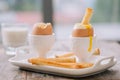 delicious breakfast with soft boiled eggs and crispy toasts, closeup Royalty Free Stock Photo