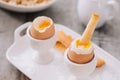 delicious breakfast with soft boiled eggs and crispy toasts, closeup Royalty Free Stock Photo