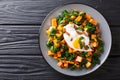 Delicious breakfast of sweet potato with kale, bacon and fried egg close-up on a plate. horizontal top view Royalty Free Stock Photo