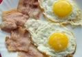 Delicious Breakfast - white plate of fried eggs, bacon Royalty Free Stock Photo