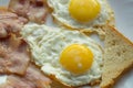 Delicious Breakfast - white plate of fried eggs, bacon and toast Royalty Free Stock Photo