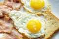 Delicious Breakfast - white plate of fried eggs, bacon and toast Royalty Free Stock Photo