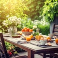 Delicious breakfast on wooden table in garden. Summer background. Created with generative Ai Royalty Free Stock Photo