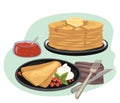 Delicious bright breakfast. A stack of pancakes and a pancake envelope on a plate with berries and jam. Vector illustration in