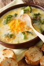Delicious broccoli cheddar cheese soup in a bowl with toasted br