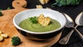 Delicious broccoli cream soup. Healthy vegetarian food. Vegan menu. Food recipe background. Close up Royalty Free Stock Photo