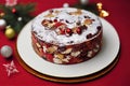 Delicious brown fruit cake with slices of dried fruit and nuts