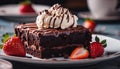 Delicious brownie with strawberries and ice cream.