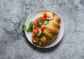 Delicious brunch, breakfast, snack - croissant sandwich with cream cheese, salmon and boiled egg on a light background, top view Royalty Free Stock Photo