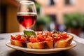Delicious Bruschetta plate, set against the charming, softly blurred streets of Rome.