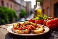 Delicious Bruschetta plate, set against the charming, softly blurred streets of Rome.