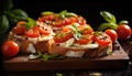 Delicious bruschetta sandwiches with tomatoes and mozarella.