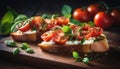 Delicious bruschetta sandwiches with tomatoes and mozarella.