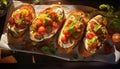 Delicious bruschetta sandwiches with tomatoes and mozarella.