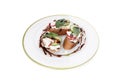 Delicious bruschettas with cream cheese, vegetables and balsamic vinegar isolated on white