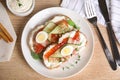 Delicious bruschettas with  served on wooden table, flat lay Royalty Free Stock Photo