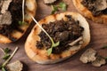 Delicious bruschettas with truffle sauce and microgreens on serving board, closeup Royalty Free Stock Photo