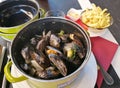 Delicious Brussels Lifestyle Europe Belgium Blue Mussels Chips Moules Frites French Belgian Bistro Style Dining Seafood Restaurant Royalty Free Stock Photo