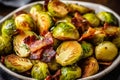 Delicious Brussels sprouts roasted with bacon olive oil maple syrup and garlic in a dish. Healthy nutritious food