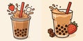 Delicious Bubble Tea Illustration with Straw and Strawberries Royalty Free Stock Photo