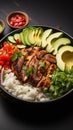 Delicious Buddha bowl grilled chicken, fresh vegetables, and rice top Royalty Free Stock Photo